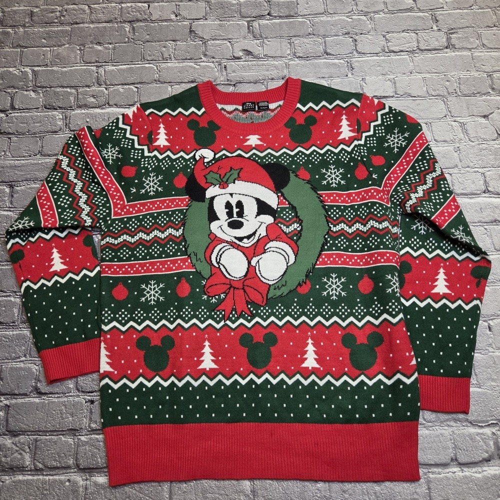 Disney Mickey Mouse Christmas Ugly Sweater Mens XL Green Red Holiday